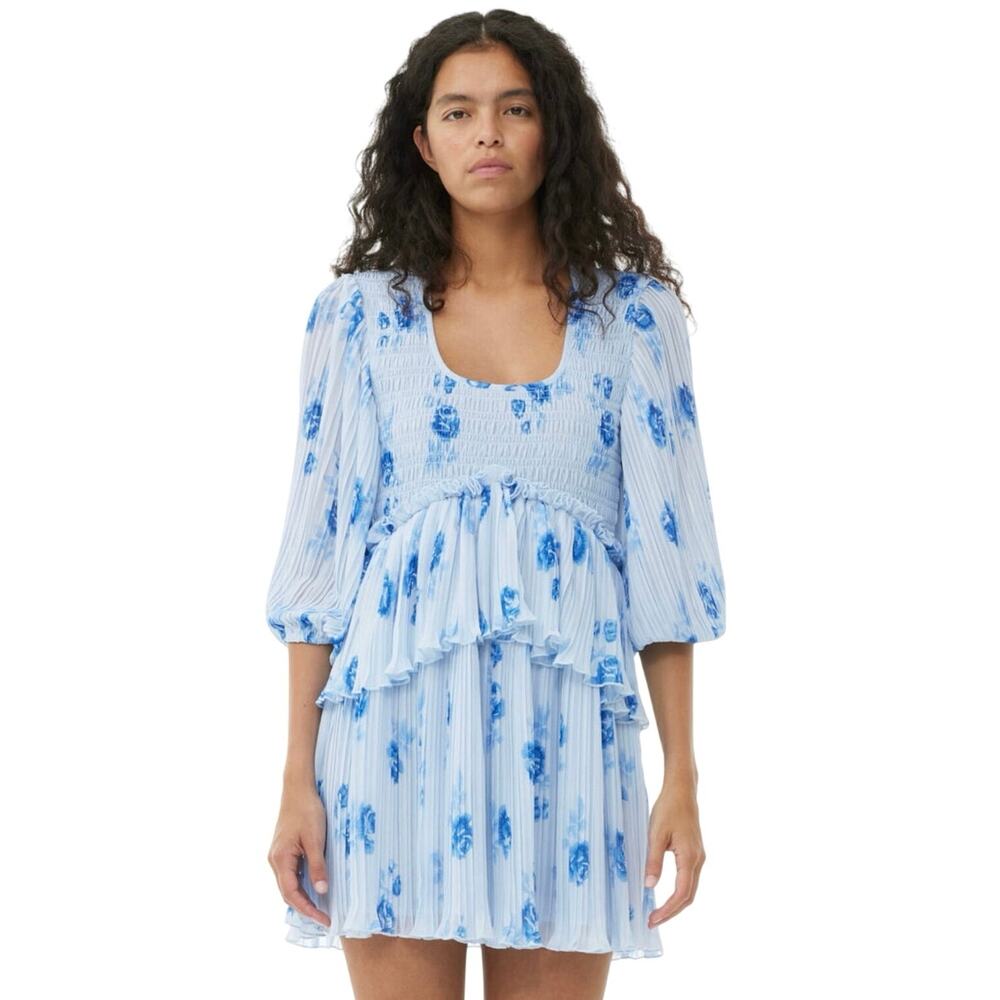 NWT Ganni Heather Blue Georgette Smocked Mini Dress